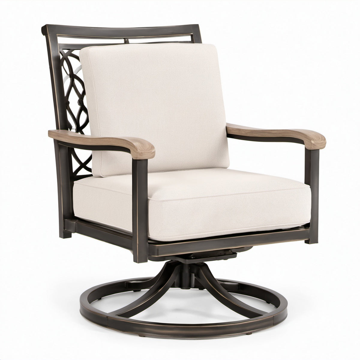 Drehsessel aus Metall mit Polyesterkissen in Beige