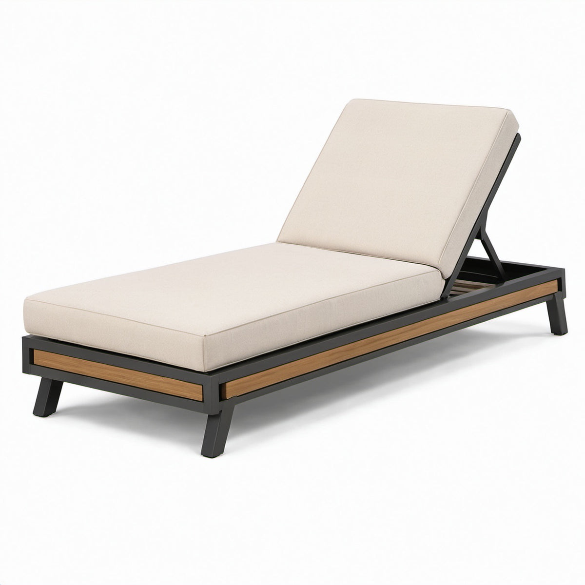Sonnenliege aus Aluminium mit Teakholz und Polyesterkissen in Beige und Schwarz