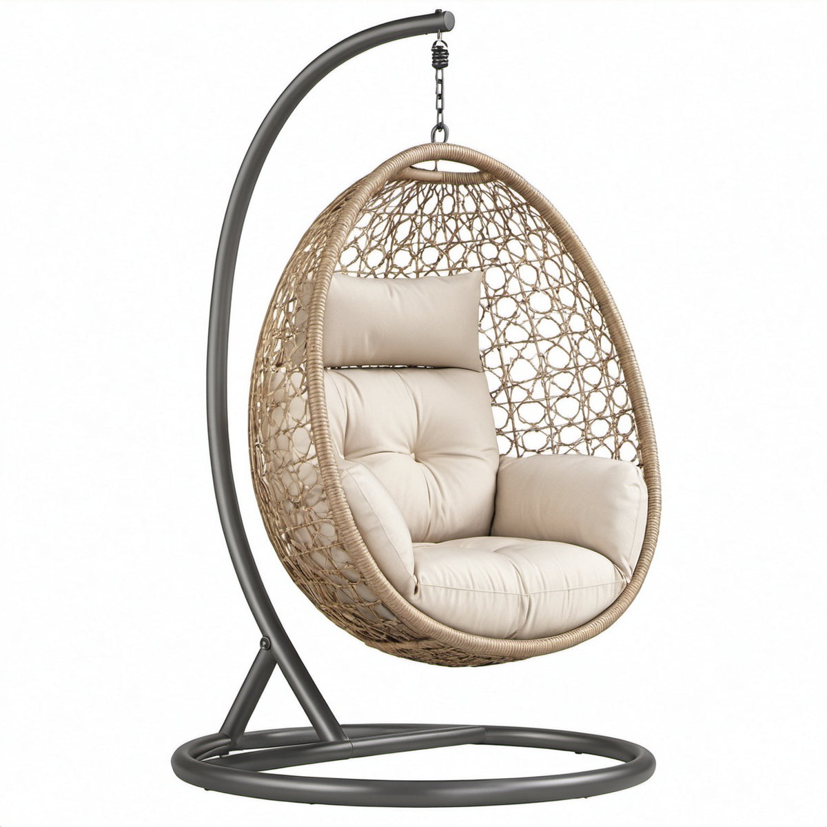 Stahl Hängesessel mit Rattan-Geflecht und Polyesterkissen, Creme