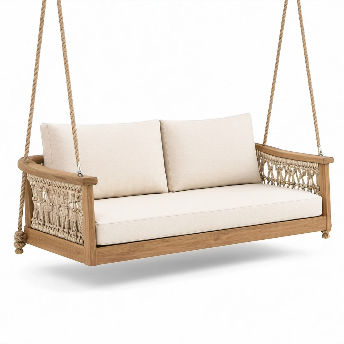 Hängeschaukelbank aus Teakholz mit Baumwollpolster Beige
