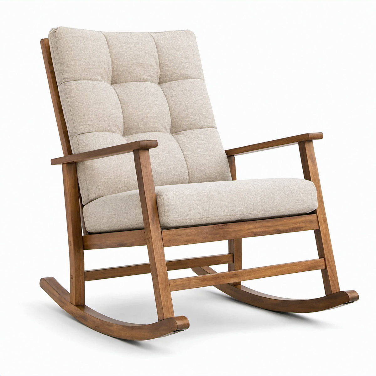 Schaukelstuhl aus Teakholz mit Leinenbezug Beige
