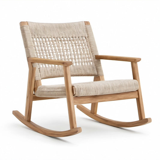 Schaukelstuhl aus Teakholz mit Polyesterseil in Beige