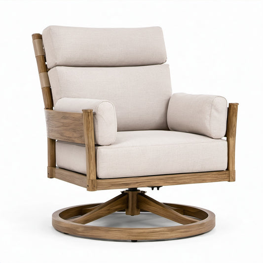 Drehsessel aus Eichenholz mit Leinenbezug Beige