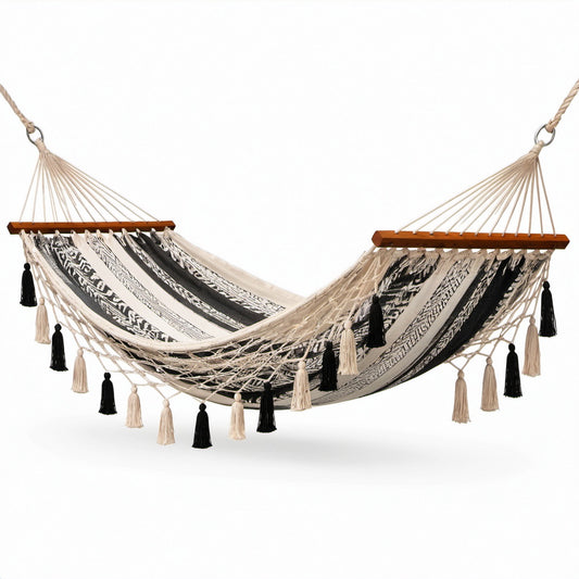 Baumwoll-Hängematte mit Holzstreben, 200x150cm, Schwarz/Weiß