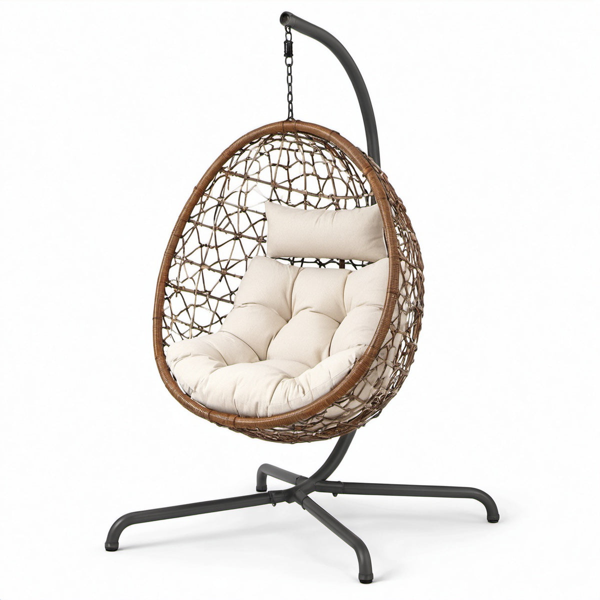 Hängesessel Ei-Form Rattan Braun Creme Kissen