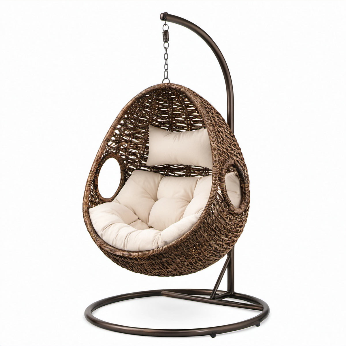 Polyrattan Hängesessel mit Stahlrahmen und Polyesterkissen, Braun/Beige