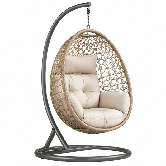 Stahl Hängesessel mit Rattan-Geflecht und Polyesterkissen, Creme