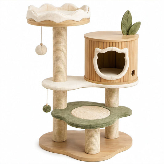 Katzenbaum aus Sperrholz mit Sisal und Baumwollplüsch, 3 Ebenen, Beige/Grün
