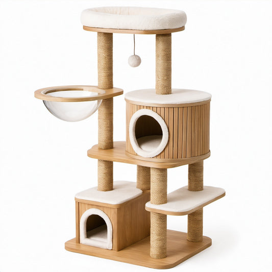 Bambus-Kratzbaum mit Sisal und Polyester, Beige, Höhe 150 cm