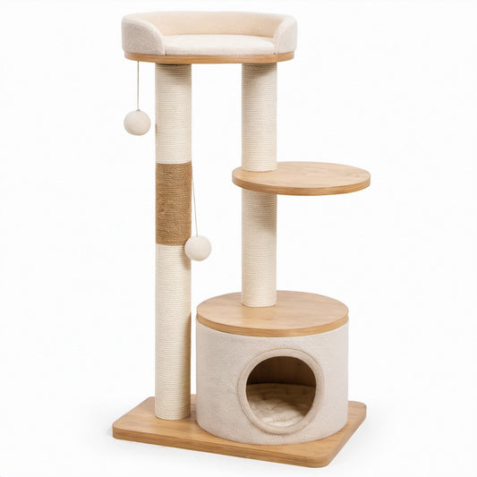 Katze Kratzbaum Holz Sisal Plüsch Beige 120 cm