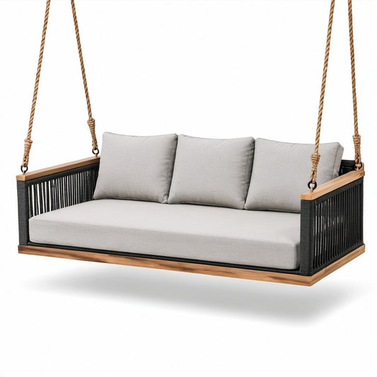 Hängesofa aus Teakholz mit Polyesterkissen, Grau/Schwarz