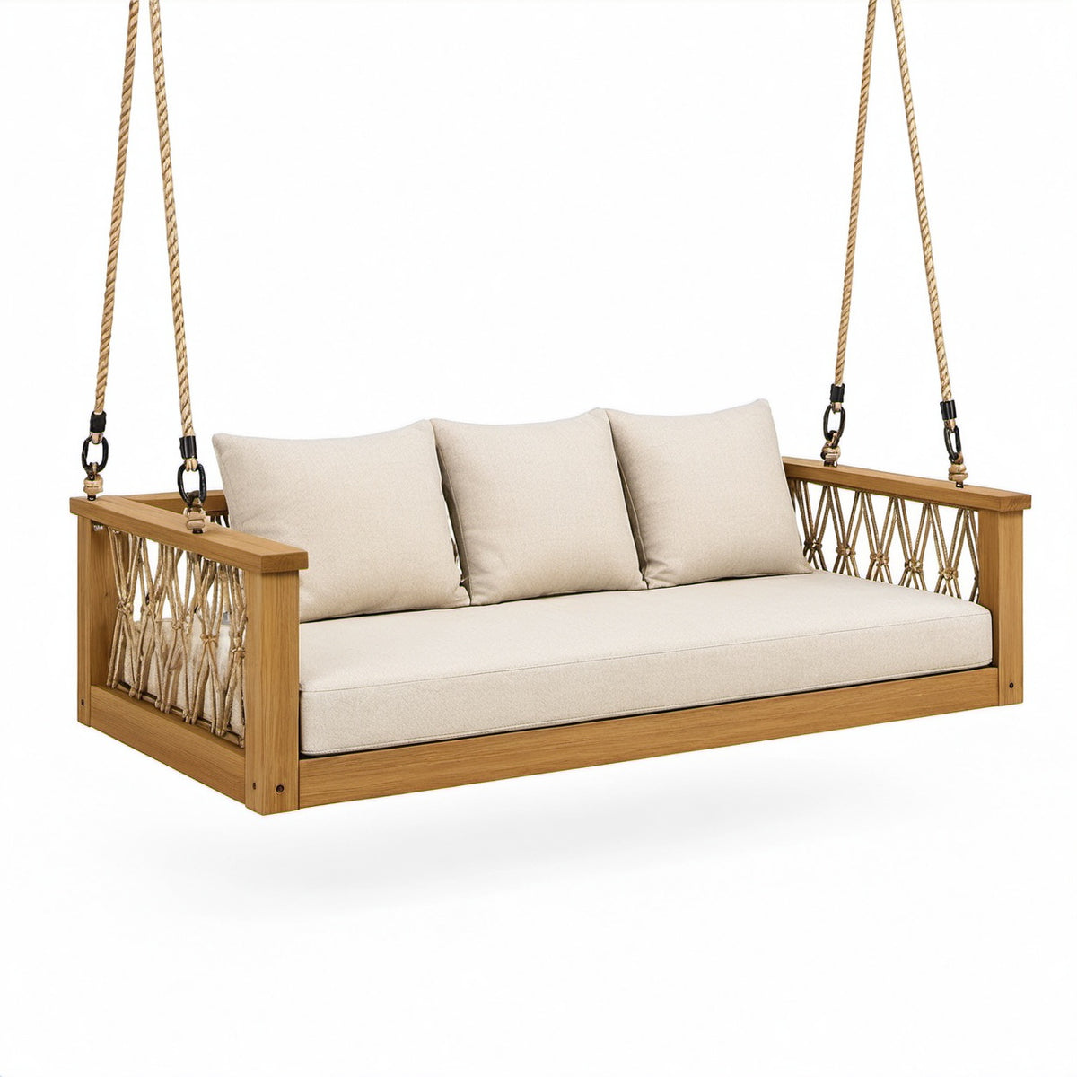 Hängesofa aus Holz mit Baumwollmischgewebe Kissen, Beige