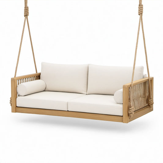 Hängesofa 2-Sitzer Teakholzrahmen Baumwollstoff Creme