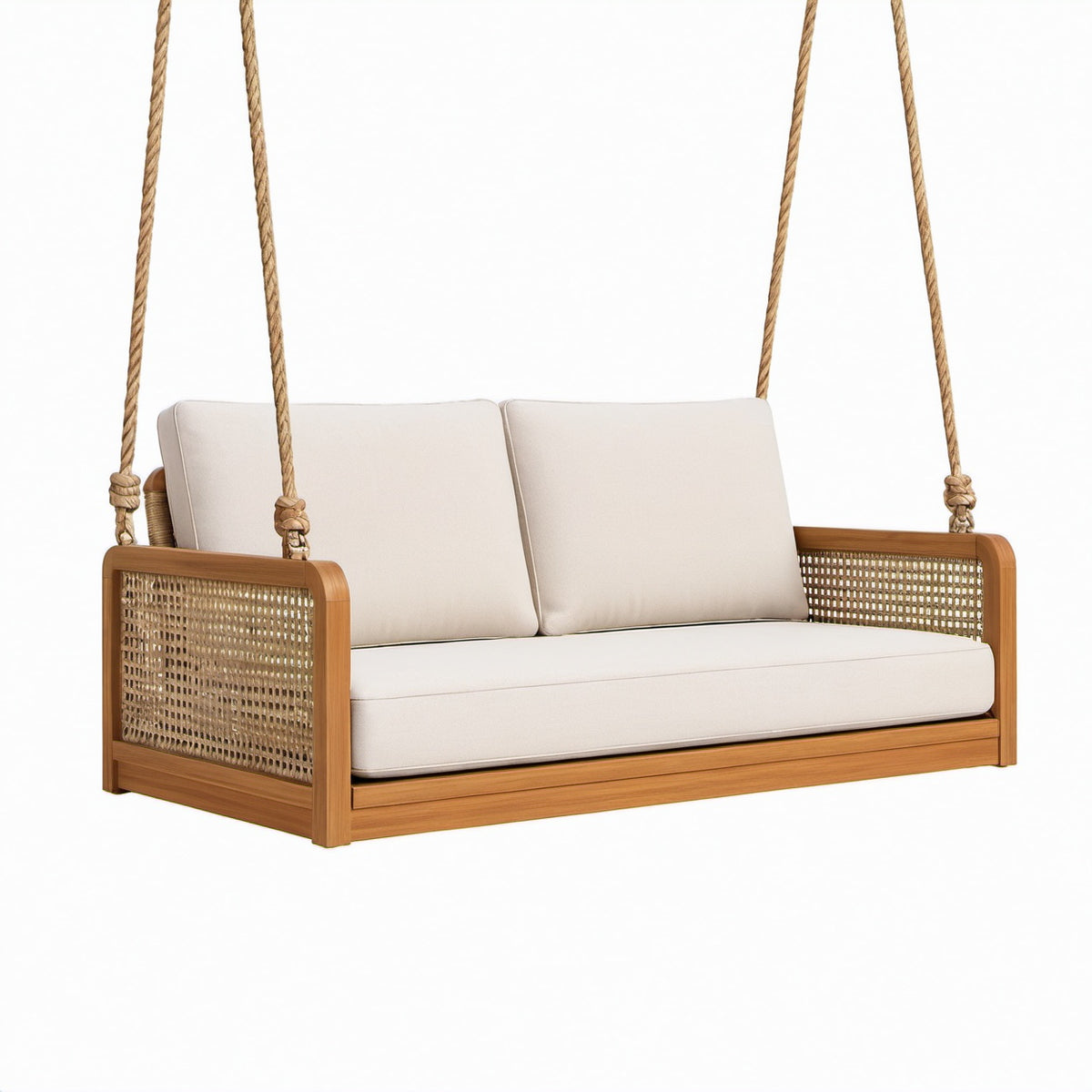 Teakholz Schaukelbank mit Rattan und Polyesterkissen Beige